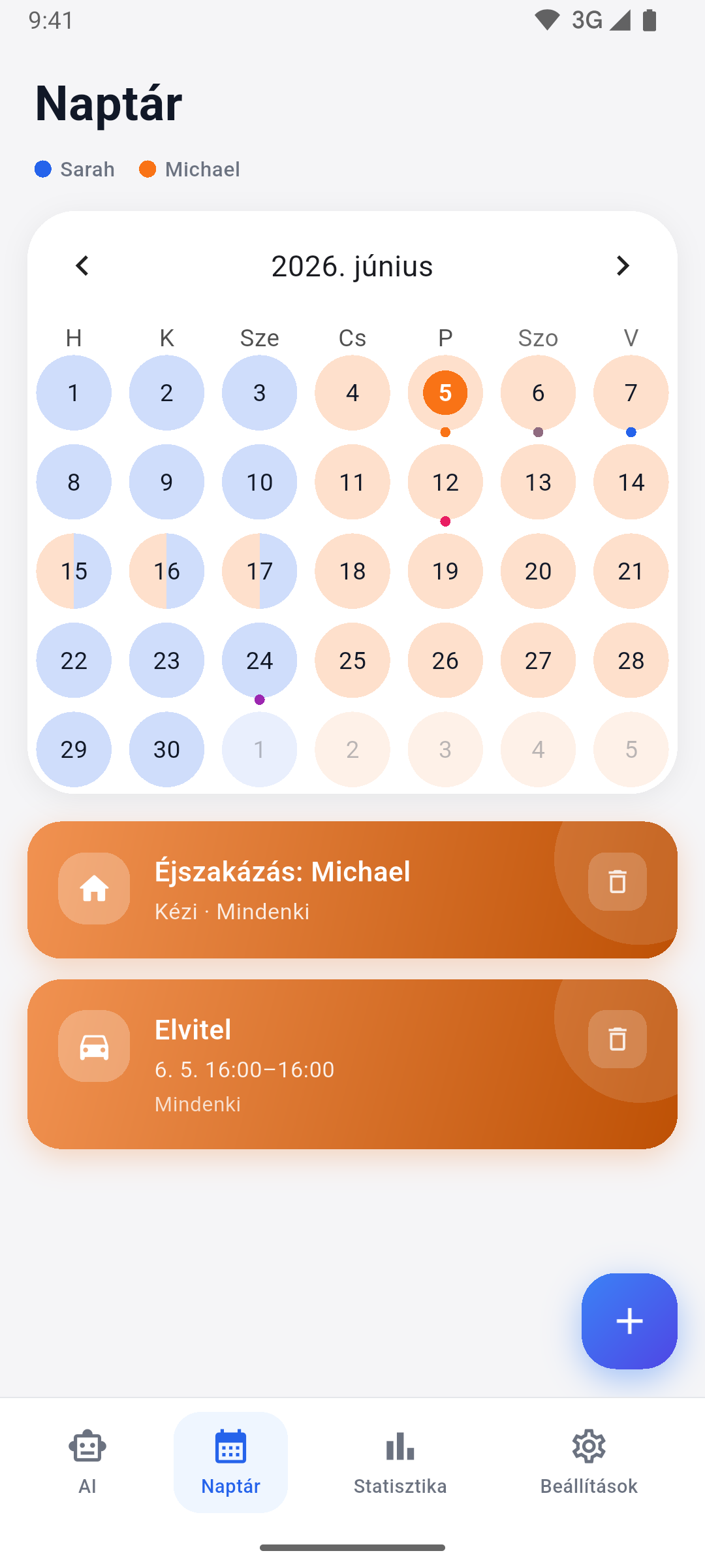 App screenshot — calendar day & week view